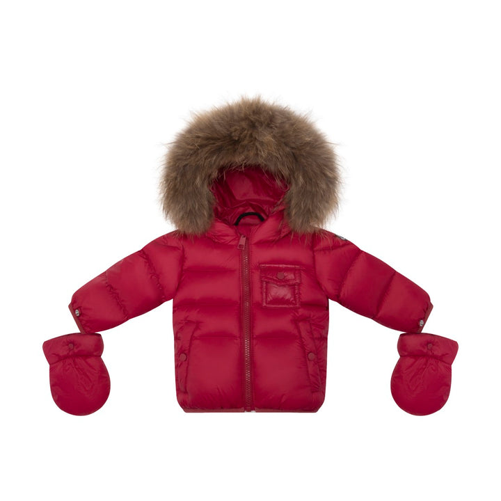 coat padded pockets with fur hood and detachable mittens - raspberry