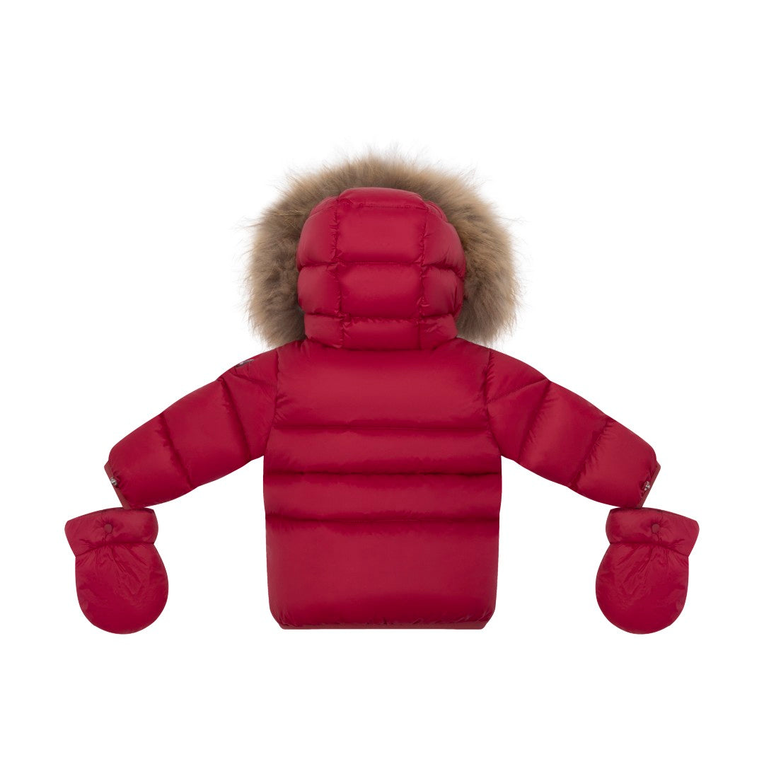 coat padded pockets with fur hood and detachable mittens - raspberry