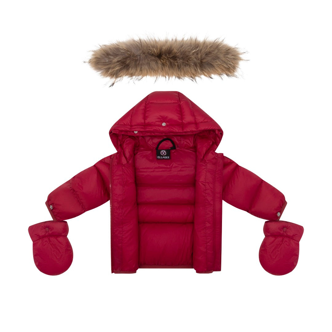 coat padded pockets with fur hood and detachable mittens - raspberry