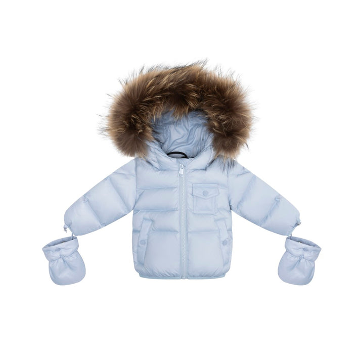 coat padded pockets with fur hood and detachable mittens - baby blue