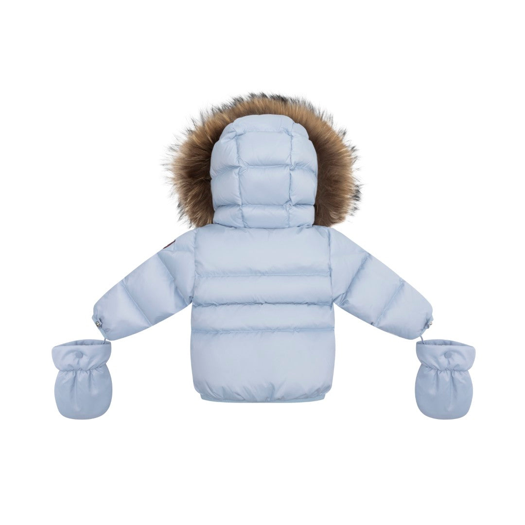 coat padded pockets with fur hood and detachable mittens - baby blue