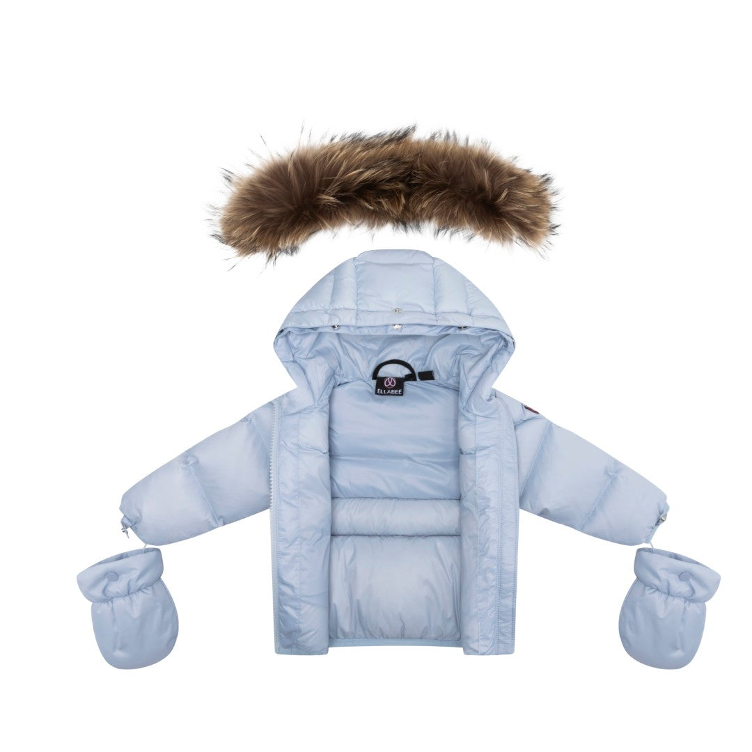 coat padded pockets with fur hood and detachable mittens - baby blue