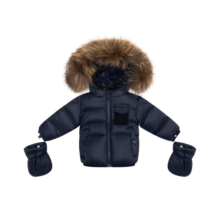 coat padded pockets with fur hood and detachable mittens - navy