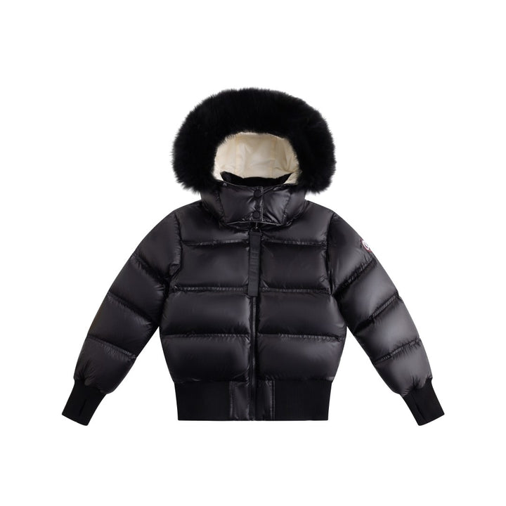 coat shiny padded bomber with tonal fur hood - black/white