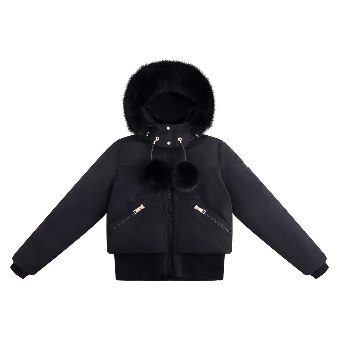 coat canvas pompom bomber with fur hood - black fox