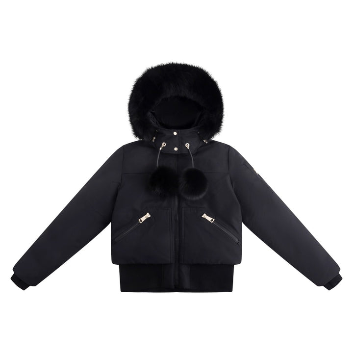 coat canvas pompom bomber with fur hood - black fox