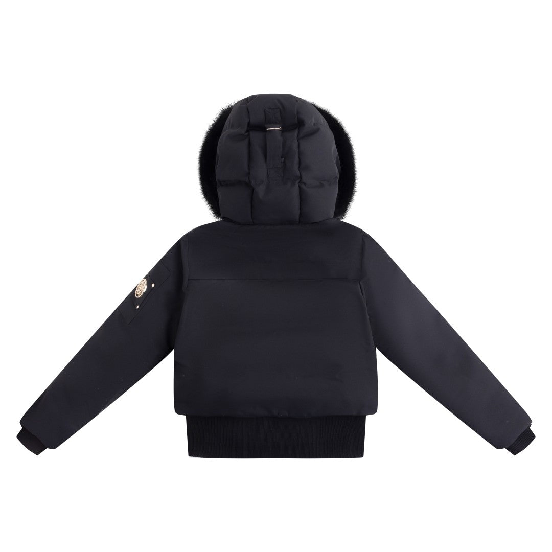 coat canvas pompom bomber with fur hood - black fox