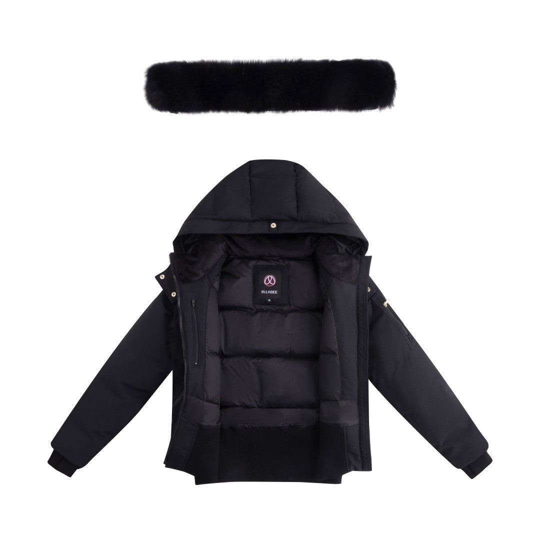 coat canvas pompom bomber with fur hood - black fox