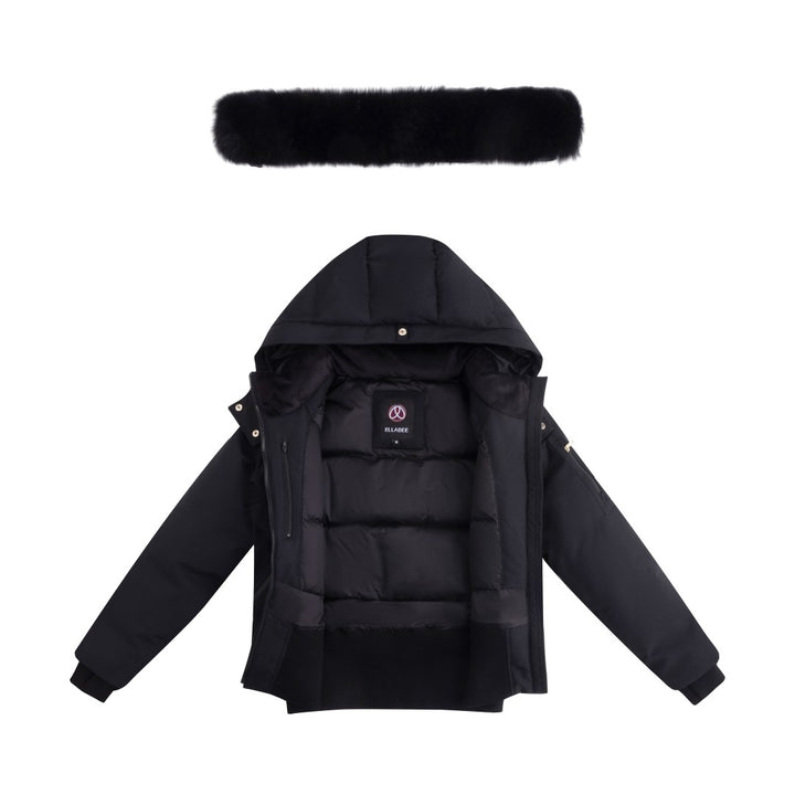 coat canvas pompom bomber with fur hood - black fox