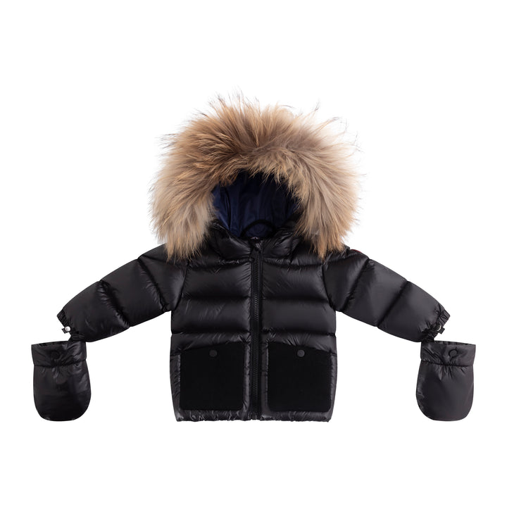 coat padded corduroy pockets with fur hood and detachable mittens - black/blue