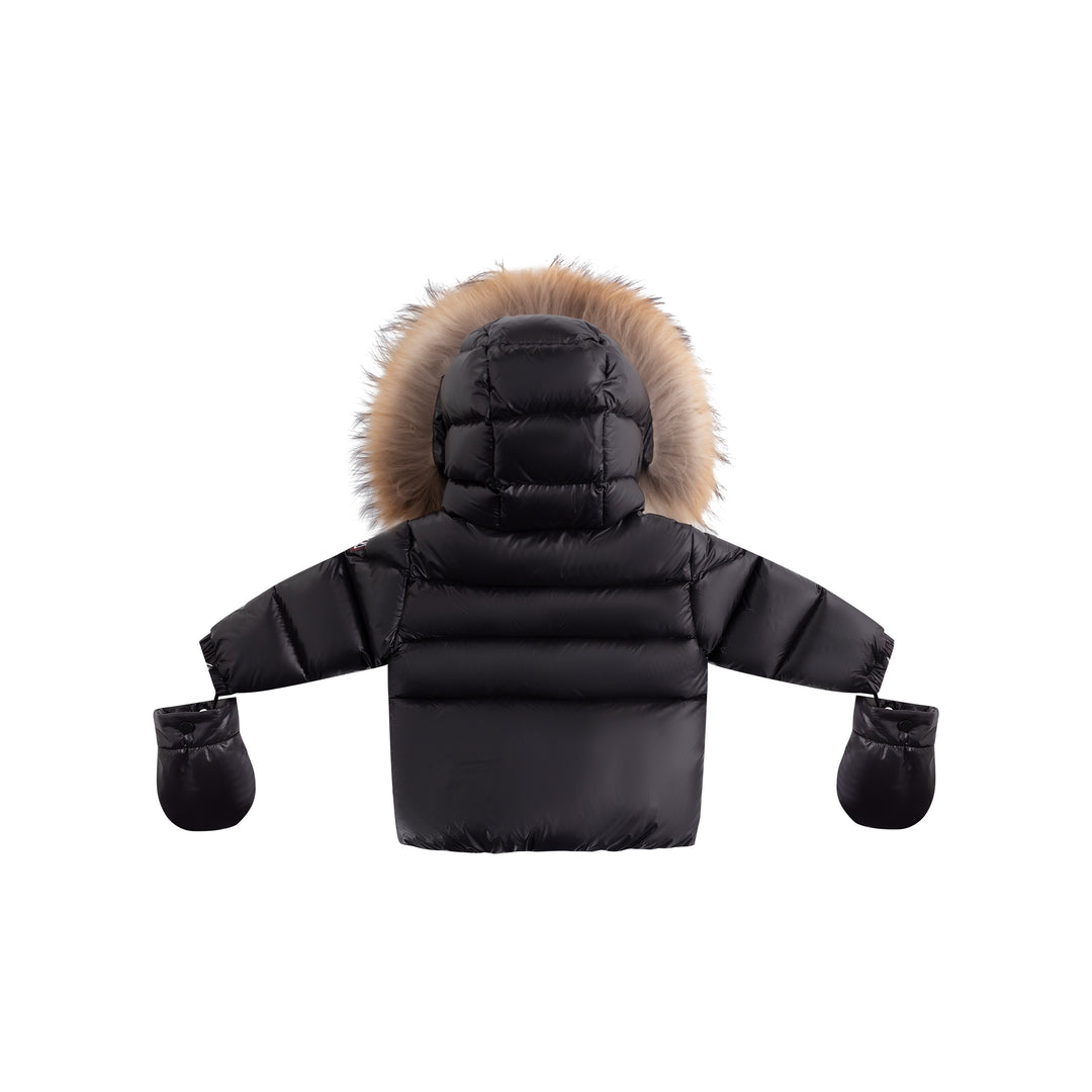 coat padded corduroy pockets with fur hood and detachable mittens - black/blue