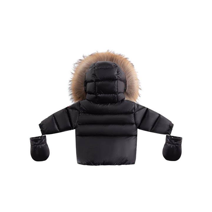 coat padded corduroy pockets with fur hood and detachable mittens - black/blue