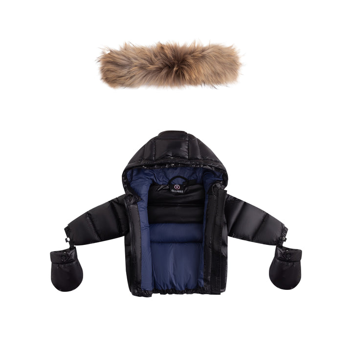 coat padded corduroy pockets with fur hood and detachable mittens - black/blue