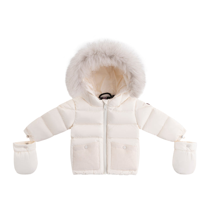 coat padded corduroy pockets with fur hood and detachable mittens - off white