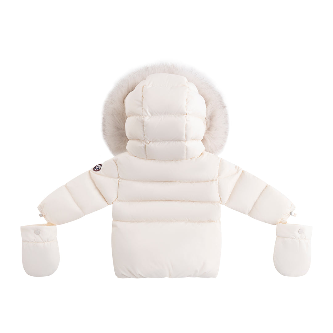 coat padded corduroy pockets with fur hood and detachable mittens - off white