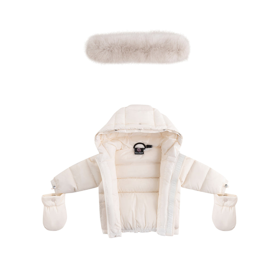 coat padded corduroy pockets with fur hood and detachable mittens - off white