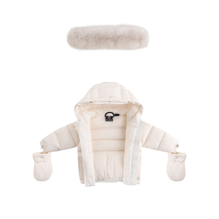 coat padded corduroy pockets with fur hood and detachable mittens - off white