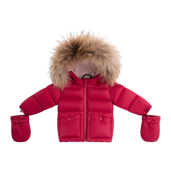 coat padded pockets with fur hood and detachable mittens - raspberry/pink