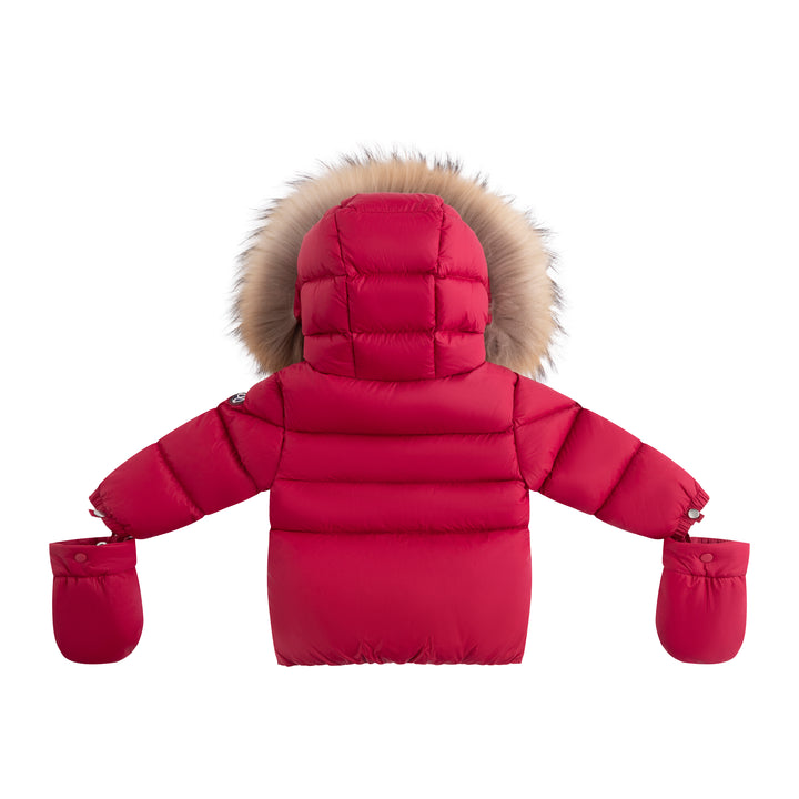 coat padded pockets with fur hood and detachable mittens - raspberry/pink