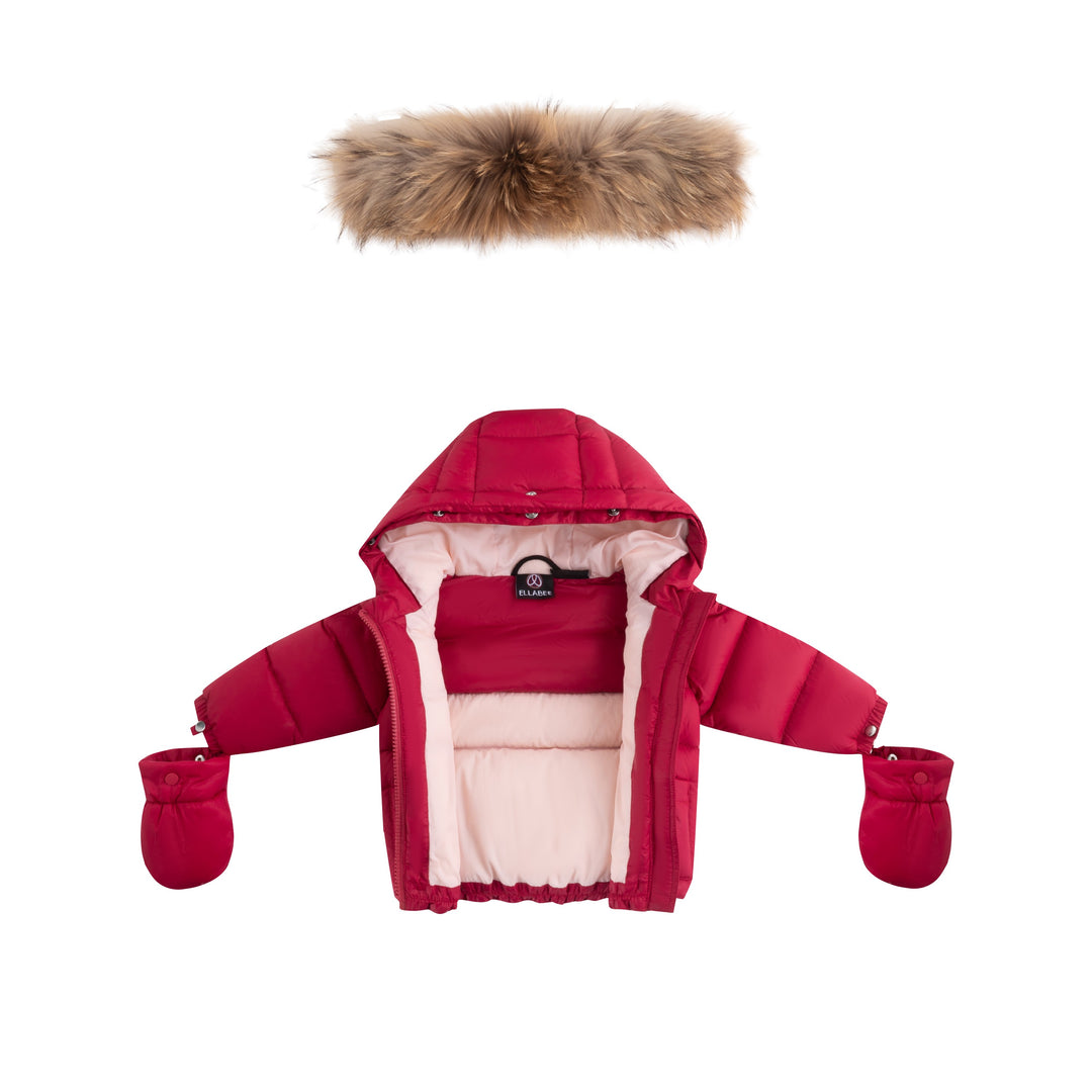 coat padded pockets with fur hood and detachable mittens - raspberry/pink