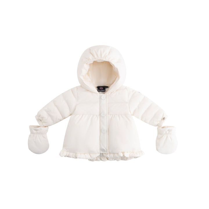 coat puffy frill trim with hood and detachable mittens - off white