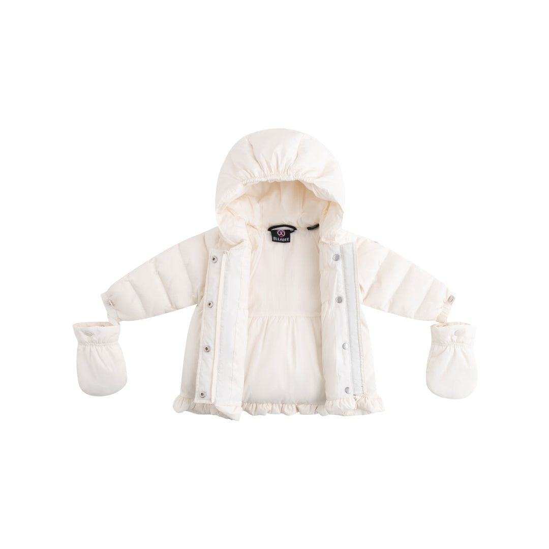coat puffy frill trim with hood and detachable mittens - off white