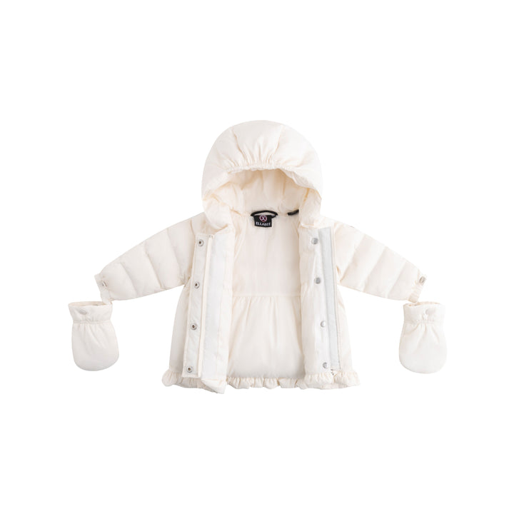 coat puffy frill trim with hood and detachable mittens - off white