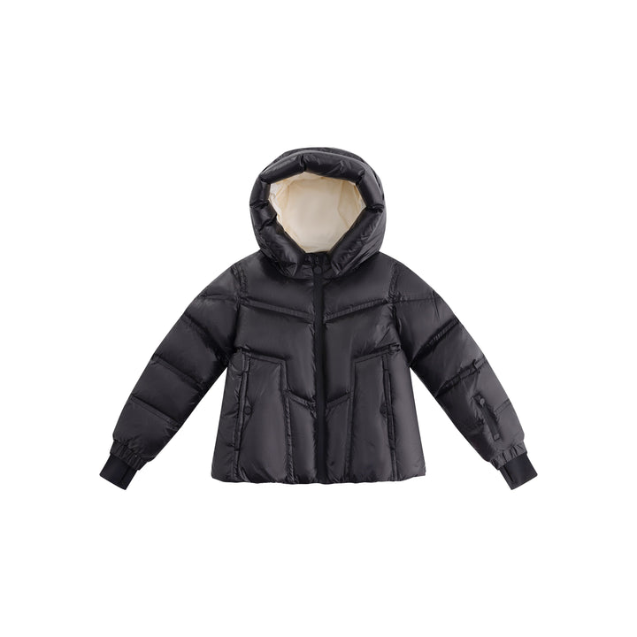 coat padded seam drawstring waist with hood - black/off white