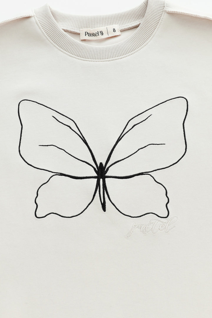 embroidered butterfly top - stone