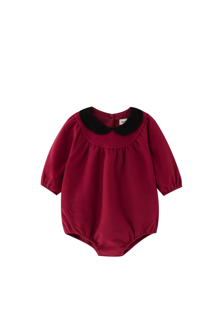 round yoke wool romper with crochet collar - red