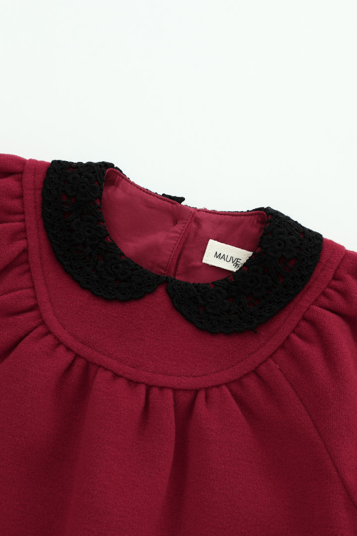 round yoke wool romper with crochet collar - red