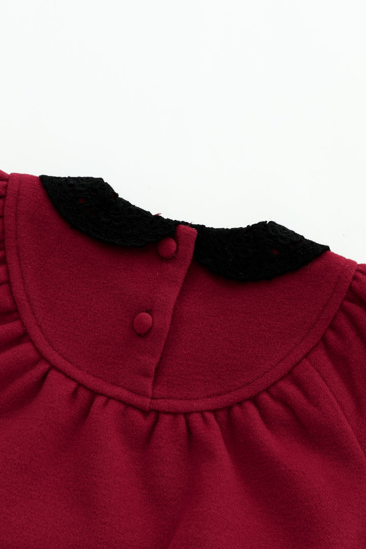 round yoke wool romper with crochet collar - red