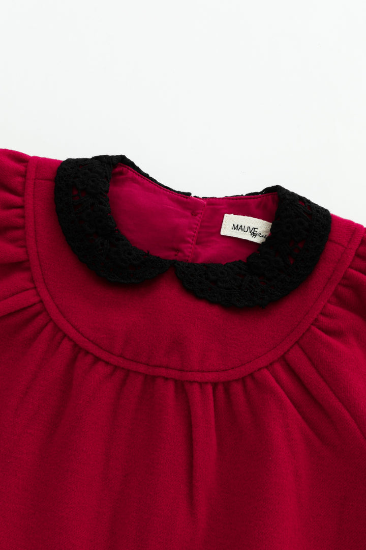round yoke wool dress with crochet collar - red