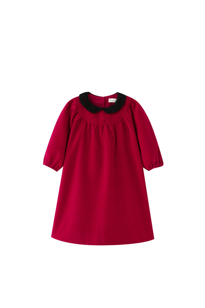 round yoke wool dress with crochet collar - red
