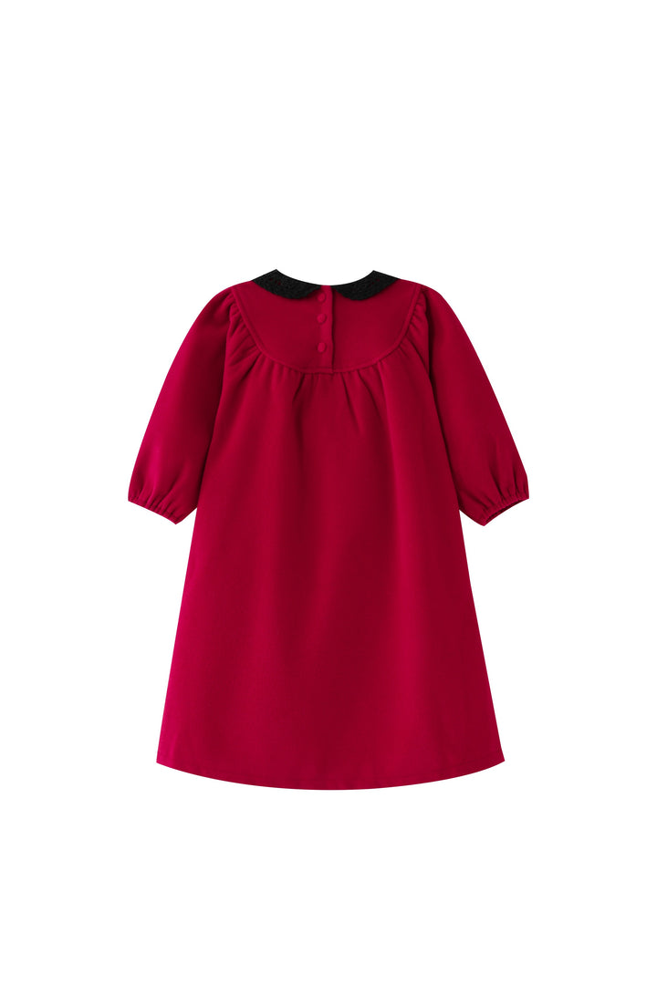 round yoke wool dress with crochet collar - red