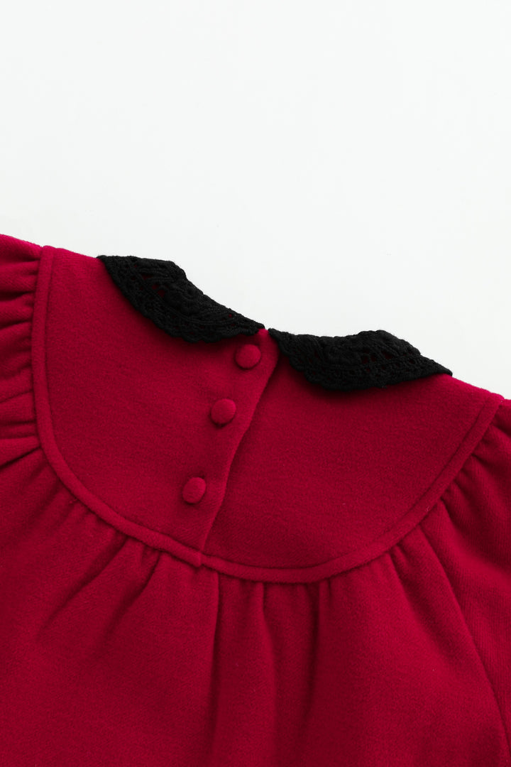 round yoke wool dress with crochet collar - red