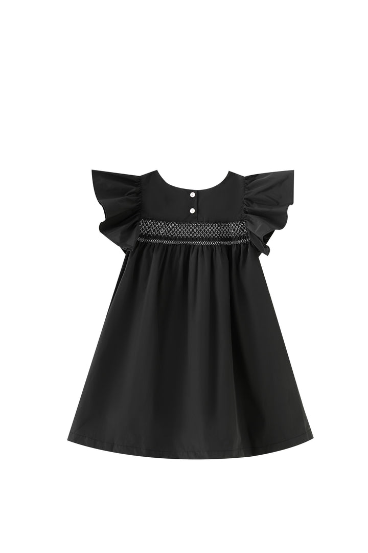 smocked flutter sleeve taffeta jumper - black