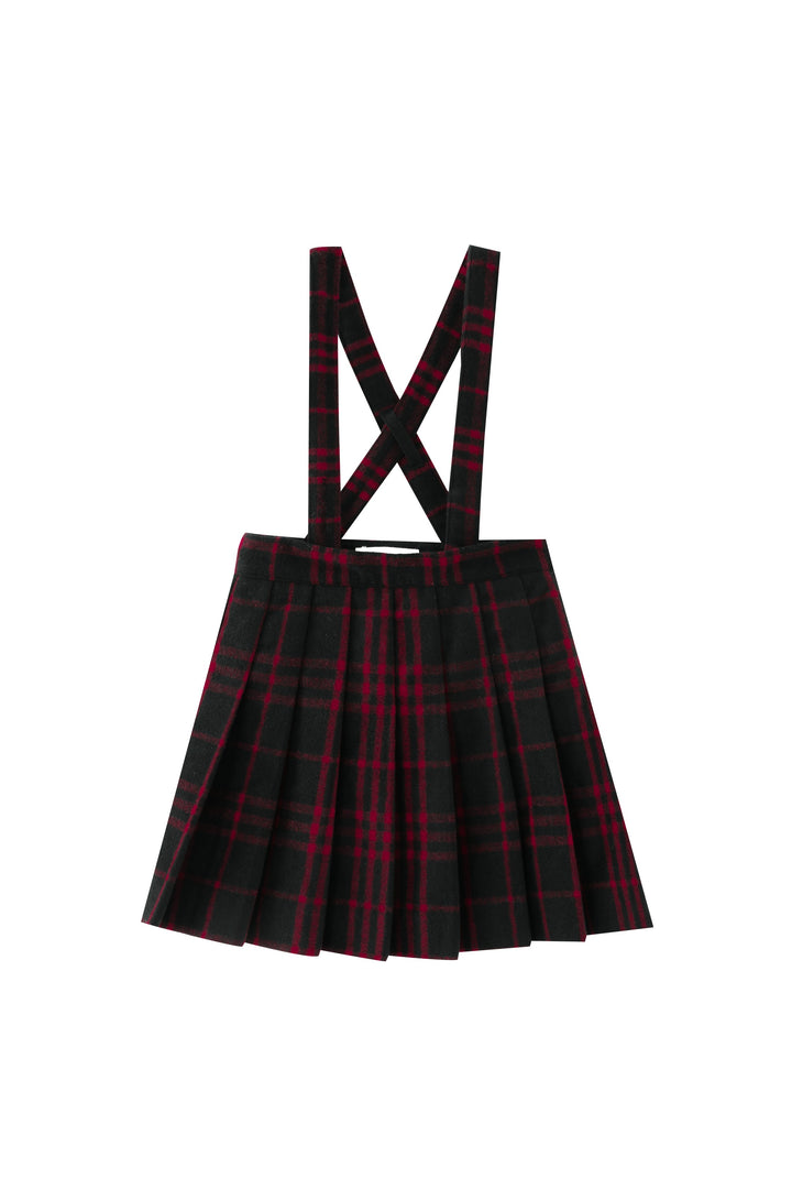 red plaid pleated suspender skirt - red plaid