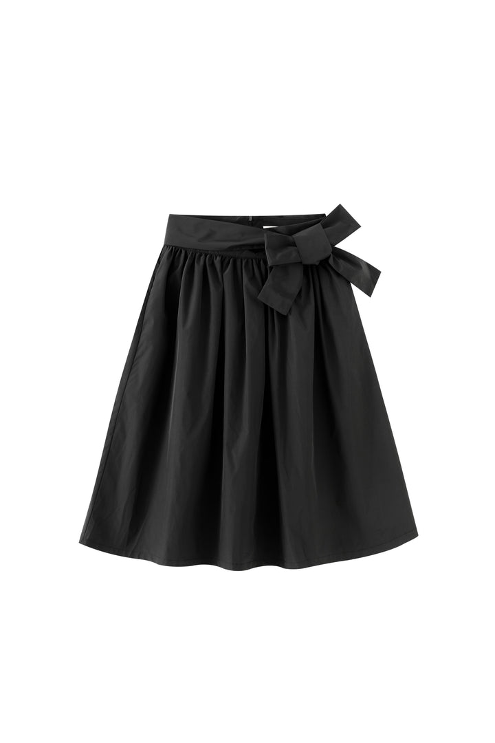 midi taffeta skirt with side bow - black