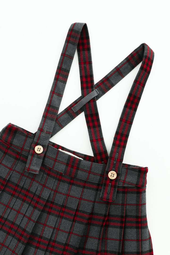 grey plaid pleated suspender skirt - grey plaid
