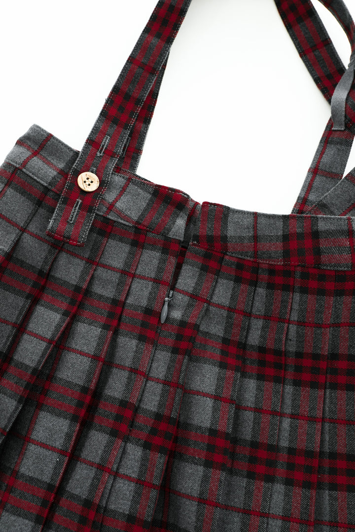 grey plaid pleated suspender skirt - grey plaid