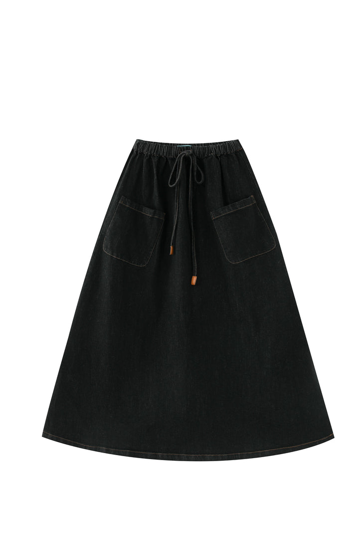 midi circle skirt with pockets and tie - black denim
