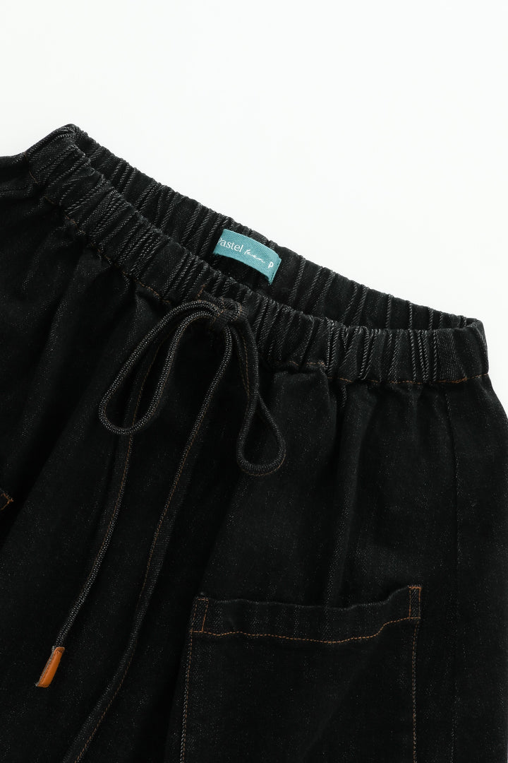 midi circle skirt with pockets and tie - black denim