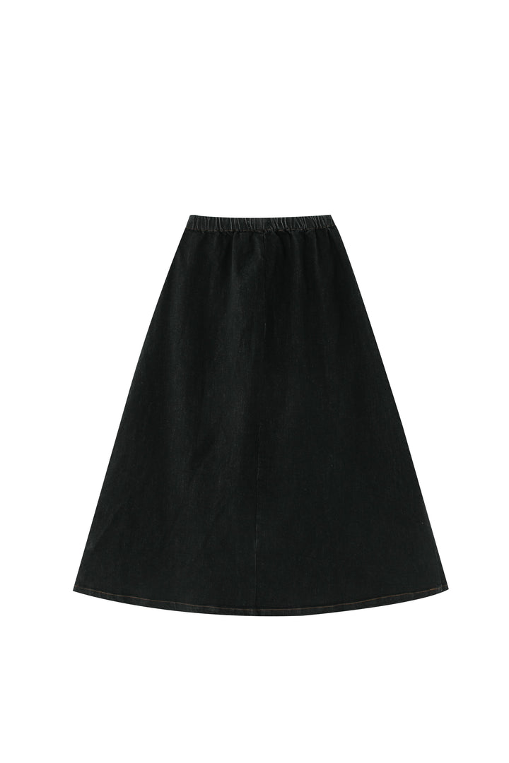midi circle skirt with pockets and tie - black denim