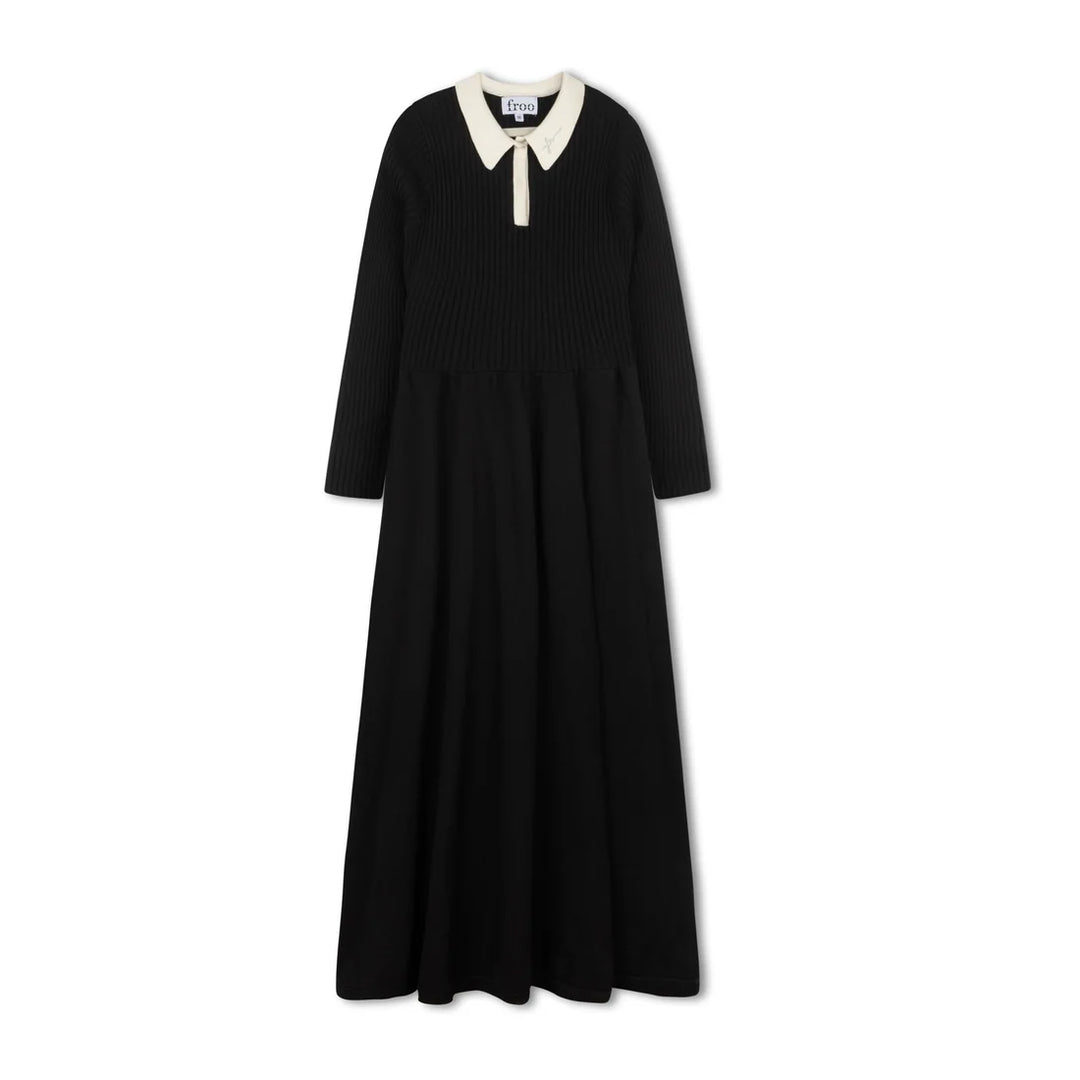 maxi dress rib knit contrast collar - black