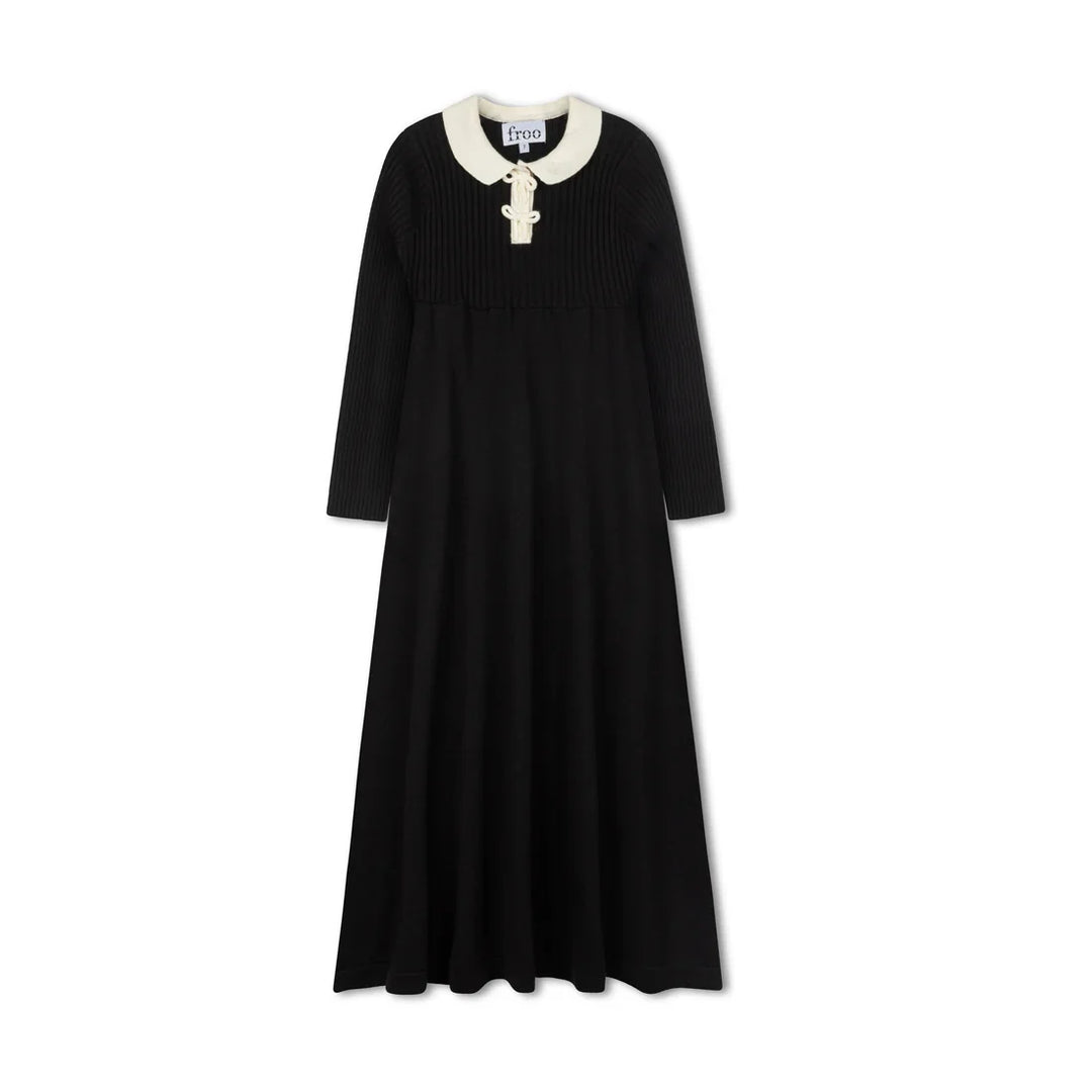 maxi dress rib knit contrast collar bow detail - black