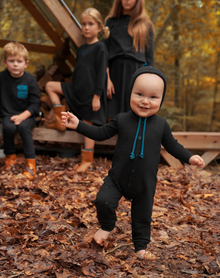 one piece long button up color string with hood - black/teal