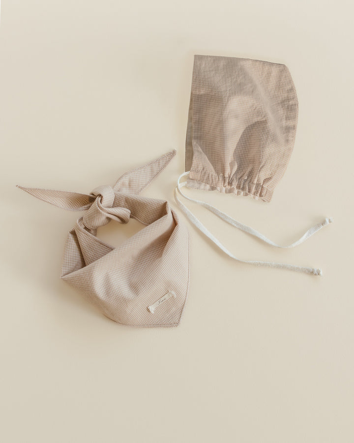 bonnet and bandana set - taupe gingham
