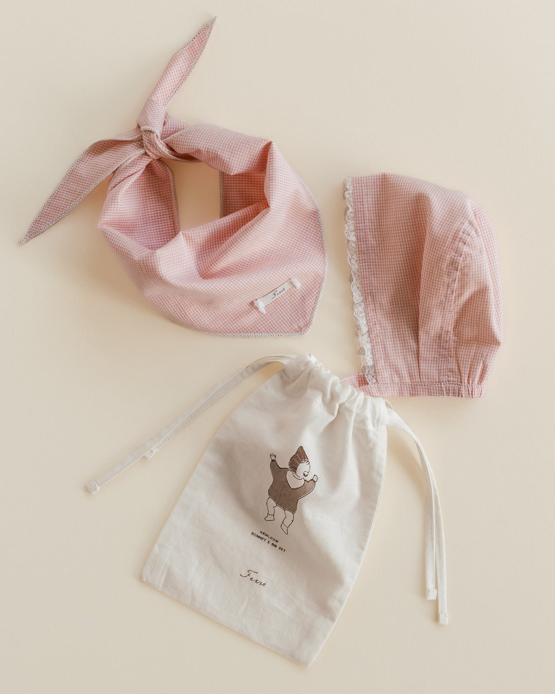 bonnet and bandana set - pink gingham