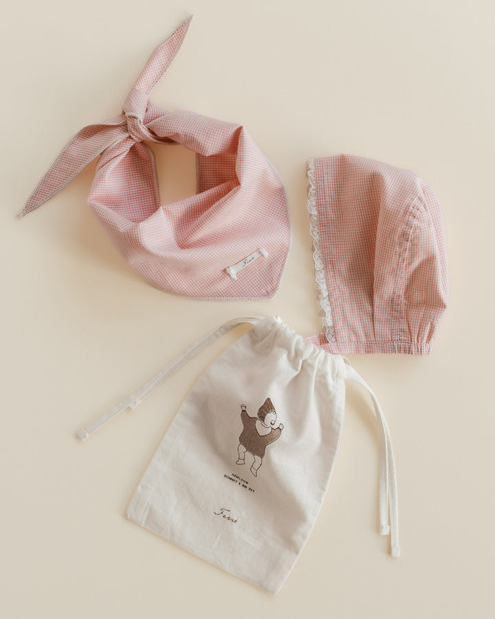 bonnet and bandana set - pink gingham